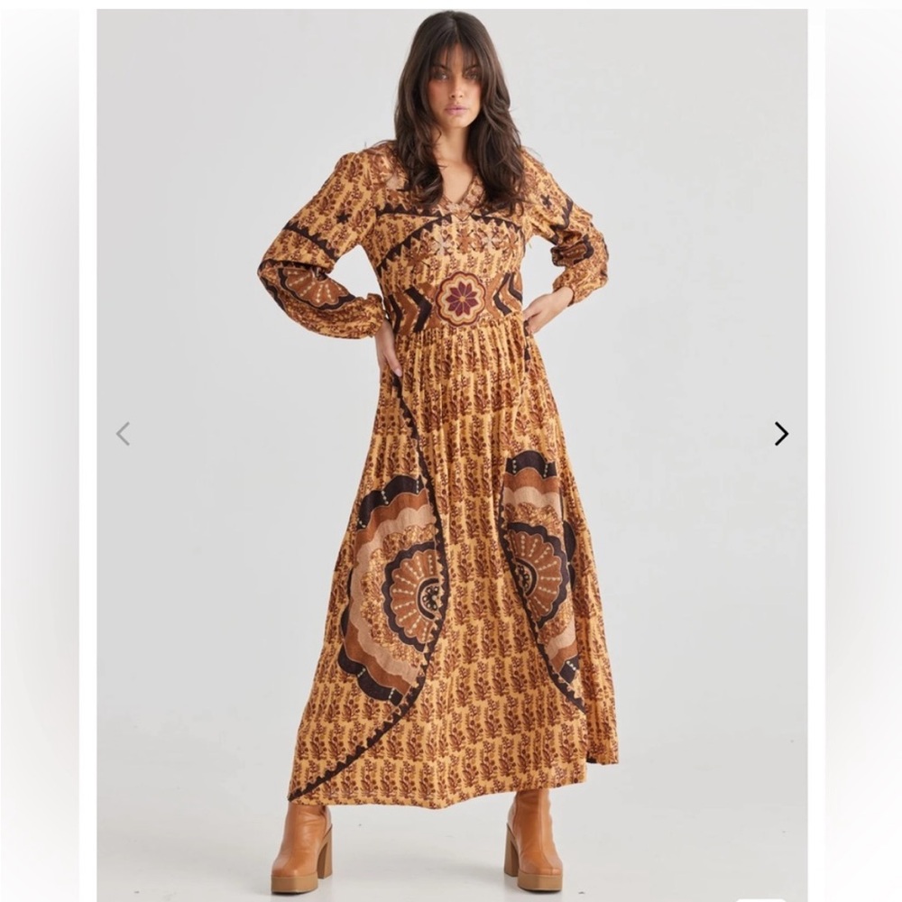 NWT Talisman Sitara Long Bishop Sleeve Golden Floral Bohemian Maxi Dress